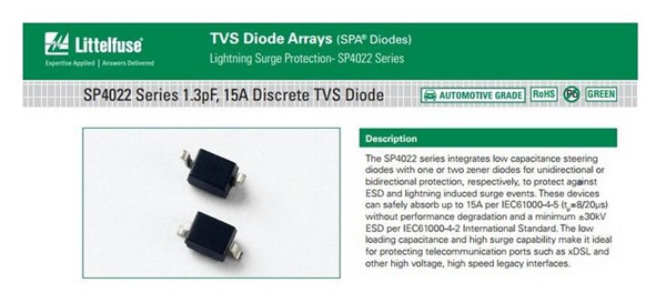 SP4022 Series 1.3pF, 15A Discrete TVS Diode